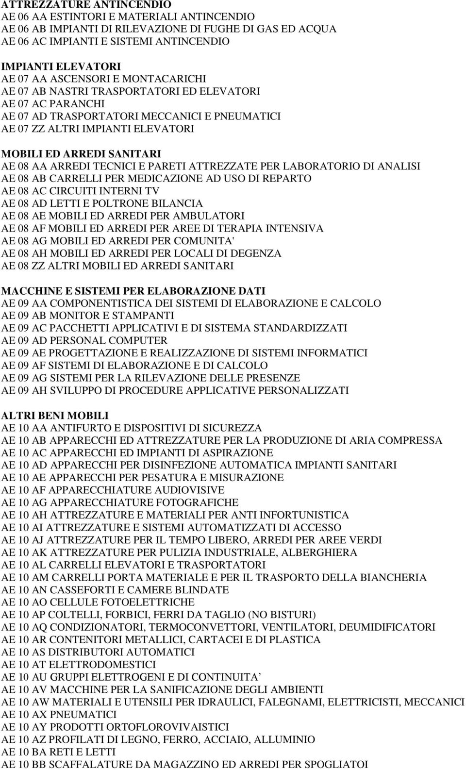 AA ARREDI TECNICI E PARETI ATTREZZATE PER LABORATORIO DI ANALISI AE 08 AB CARRELLI PER MEDICAZIONE AD USO DI REPARTO AE 08 AC CIRCUITI INTERNI TV AE 08 AD LETTI E POLTRONE BILANCIA AE 08 AE MOBILI ED