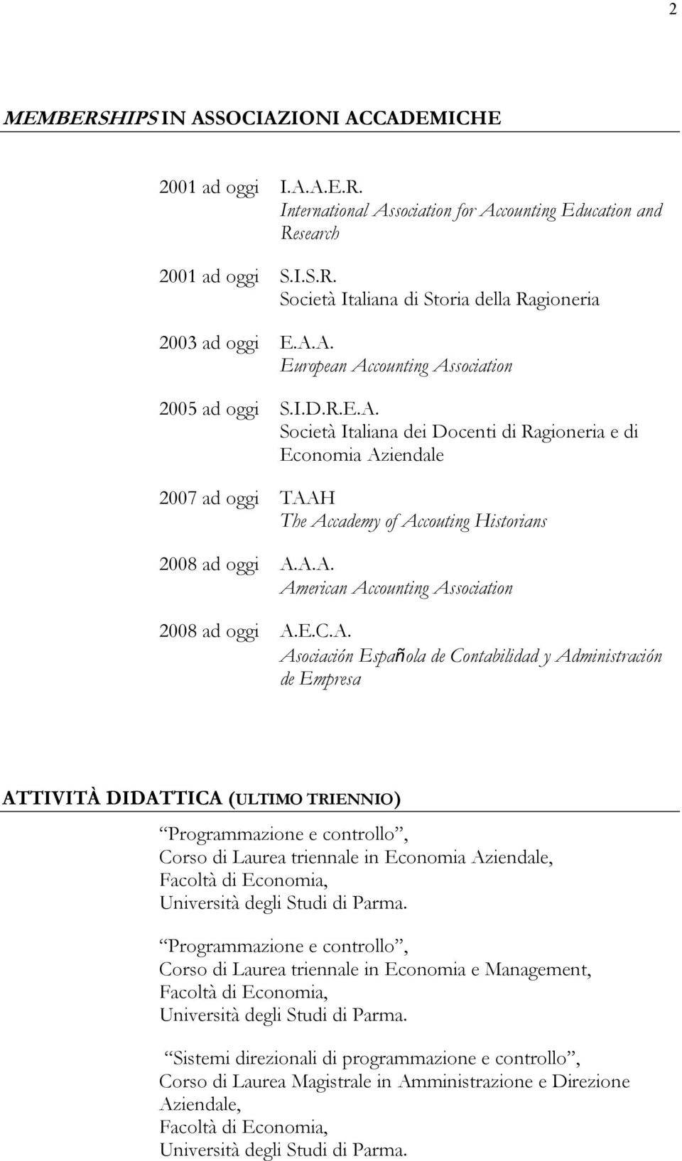 A.A. American Accounting Association 2008 ad oggi A.E.C.A. Asociación Española de Contabilidad y Administración de Empresa ATTIVITÀ DIDATTICA (ULTIMO TRIENNIO) Programmazione e controllo, Corso di