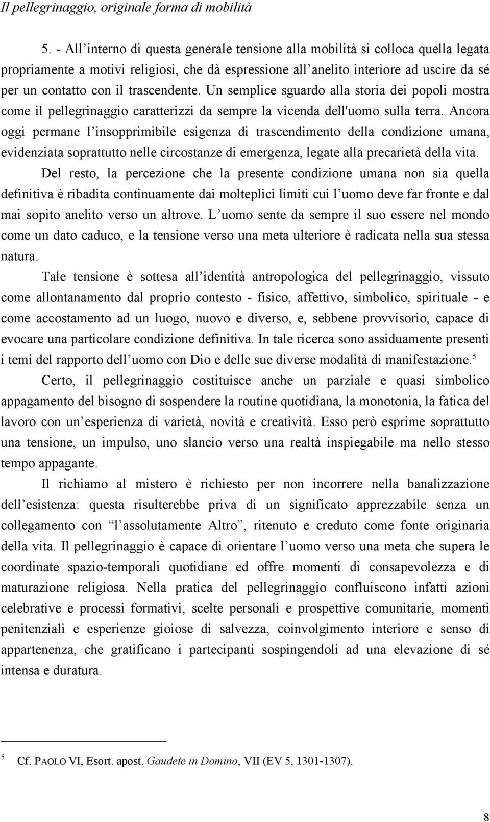 trascendente. Un semplice sguardo alla storia dei popoli mostra come il pellegrinaggio caratterizzi da sempre la vicenda dell'uomo sulla terra.