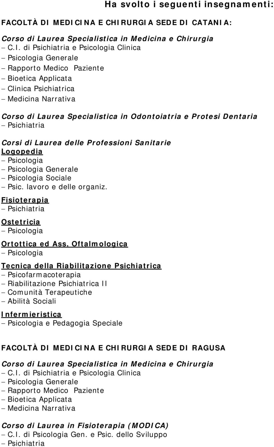 Specialistica in Odontoiatria e Protesi Dentaria Corsi di Laurea delle Professioni Sanitarie Logopedia Psicologia Psicologia Generale Psicologia Sociale Psic. lavoro e delle organiz.