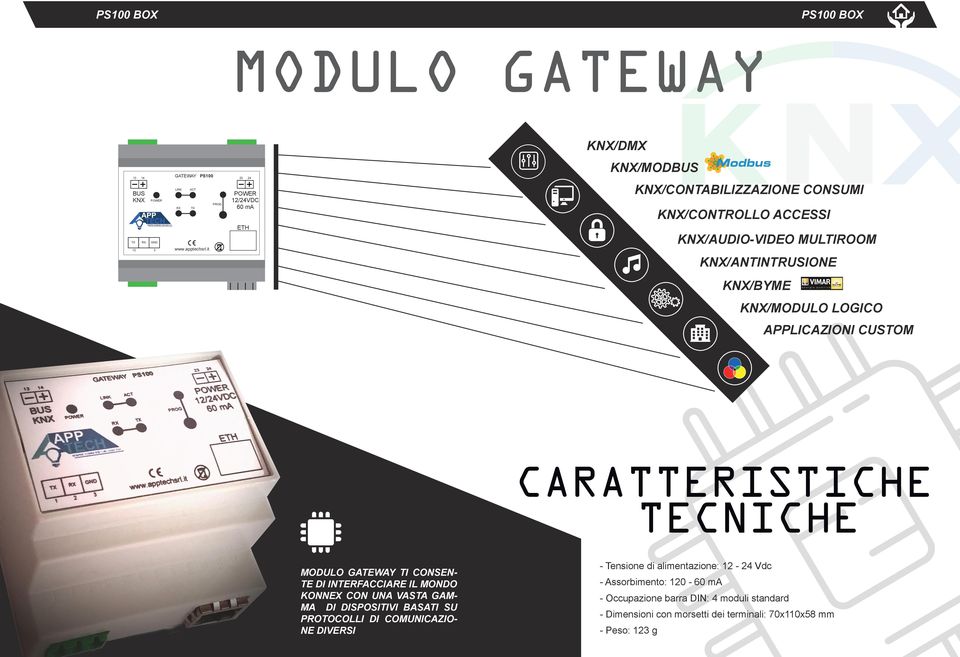 KNX/MODULO LOGICO APPLICAZIONI CUSTOM CARATTERISTICHE TECNICHE MODULO GATEWAY TI CONSEN- TE DI INTERFACCIARE IL MONDO KONNEX CON UNA VASTA GAM- MA DI