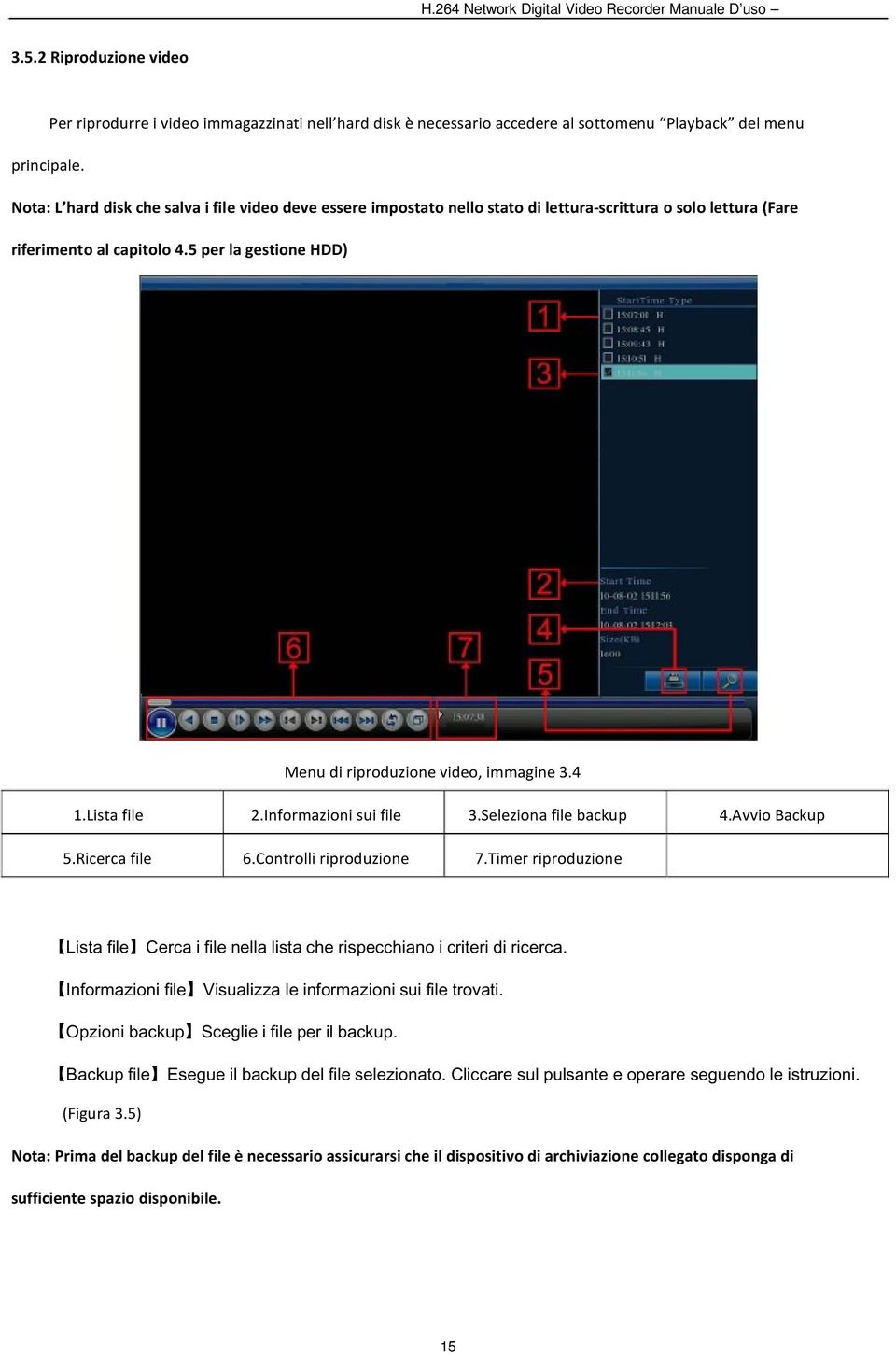 5 per la gestione HDD) Menu di riproduzione video, immagine 3.4 1.Lista file 2.Informazioni sui file 3.Seleziona file backup 4.Avvio Backup 5.Ricerca file 6.Controlli riproduzione 7.