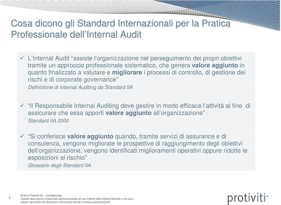 Auditing da Standard IIA Il Responsabile Internal Auditing deve gestire in modo efficace l attività al fine di assicurare che essa apporti valore aggiunto all organizzazione Standard IIA 2000 Si