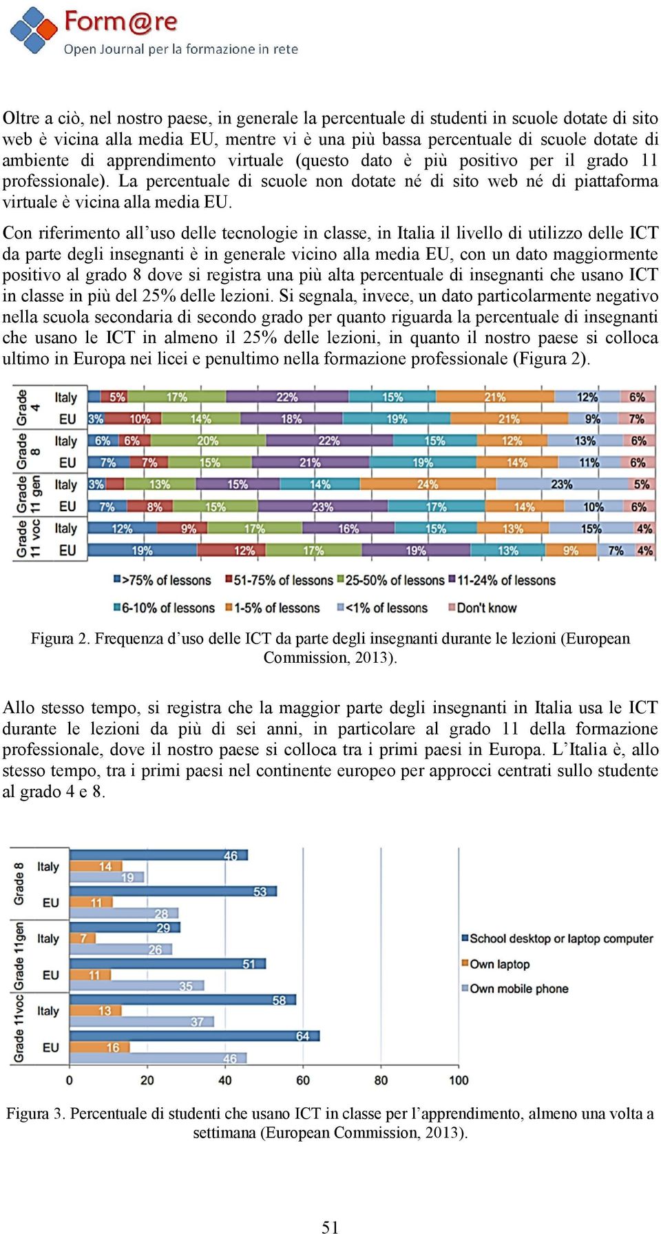 Con riferimento all uso delle tecnologie in classe, in Italia il livello di utilizzo delle ICT da parte degli insegnanti è in generale vicino alla media EU, con un dato maggiormente positivo al grado