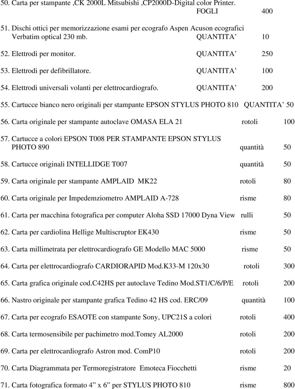 Cartucce bianco nero originali per stampante EPSON STYLUS PHOTO 810 QUANTITA 50 56. Carta originale per stampante autoclave OMASA ELA 21 rotoli 100 57.