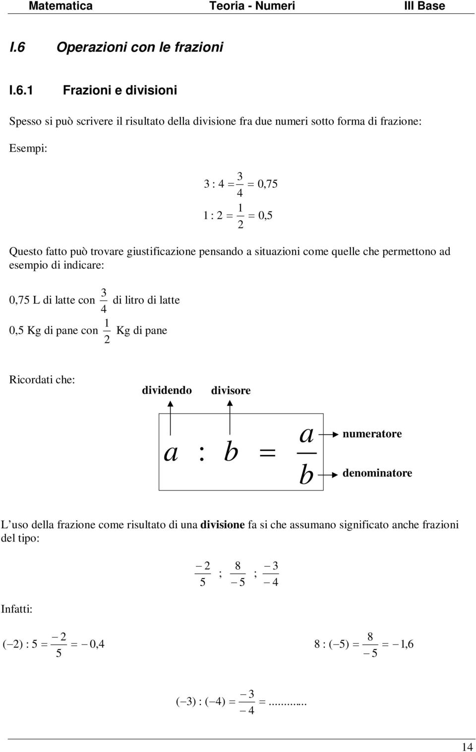 0,7 L di latte con di litro di latte 0, Kg di pane con Kg di pane Ricordati che: dividendo divisore a : b a b numeratore denominatore L uso