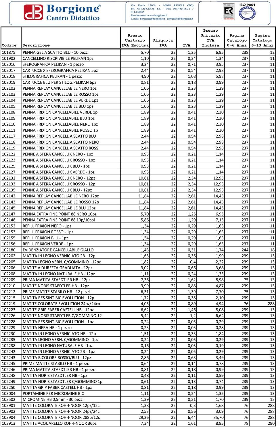 PELIKAN 6pz 0,81 22 0,18 0,99 237 11 102102 PENNA REPLAY CANCELLABILE NERO 1pz 1,06 22 0,23 1,29 237 11 102103 PENNA REPLAY CANCELLABILE ROSSO 1pz 1,06 22 0,23 1,29 237 11 102104 PENNA REPLAY