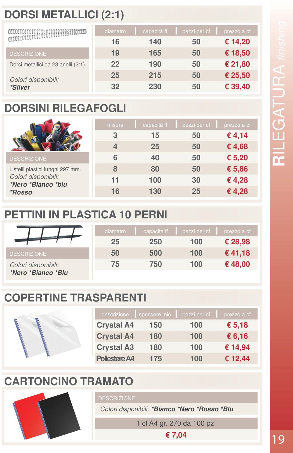 a cf 4,14 4,8 5,20 5,8 4,28 4,28 RILEGATURA finishing PETTINI IN PLASTICA 10 PERNI diametro capacità ff pezzi per cf prezzo a cf 25 2 28,98 0 41,18 Colori disponibili: *Nero *Bianco *Blu 75 7 48,00