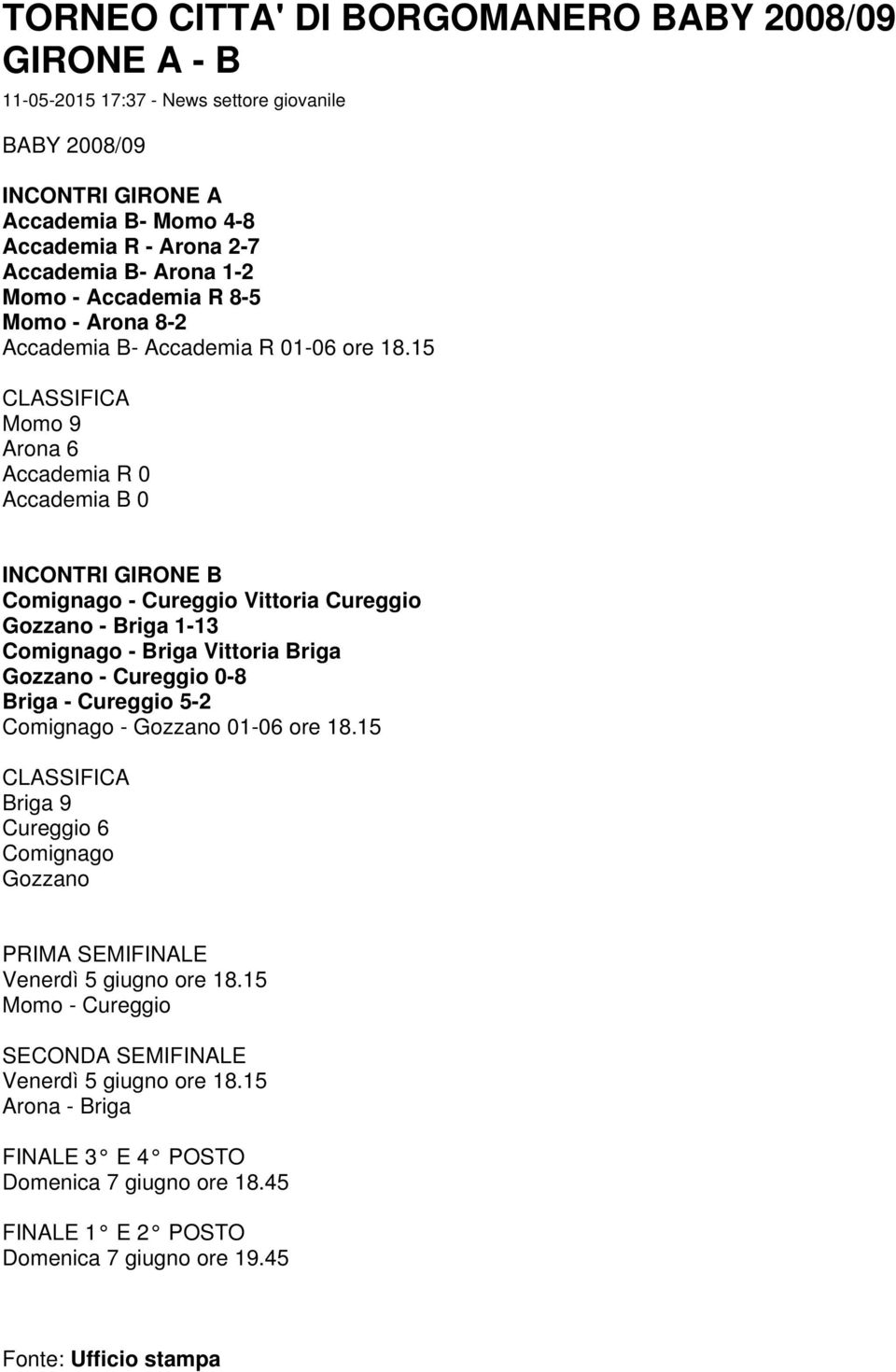 15 CLASSIFICA Momo 9 Arona 6 Accademia R 0 Accademia B 0 INCONTRI GIRONE B Comignago - Cureggio Vittoria Cureggio Gozzano - Briga 1-13 Comignago - Briga Vittoria Briga Gozzano - Cureggio 0-8 Briga -