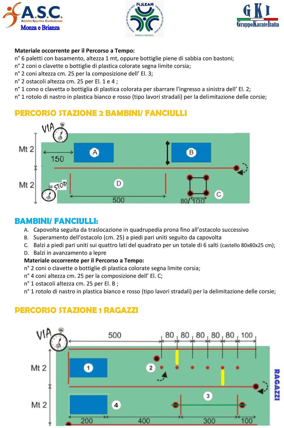 2; PERCORSO STAZIONE 2 BAMBINI/ FANCIULLI BAMBINI/ FANCIULLI: A. Capovolta seguita da traslocazione in quadrupedia prona fino all ostacolo successivo B. Superamento dell ostacolo (cm.