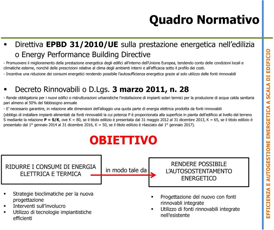 costi. - Incentiva una riduzione dei consumi energetici rendendo possibile l autosufficienza energetica grazie al solo utilizzo delle fonti rinnovabili Decreto Rinnovabili o D.Lgs. 3 marzo 2011, n.