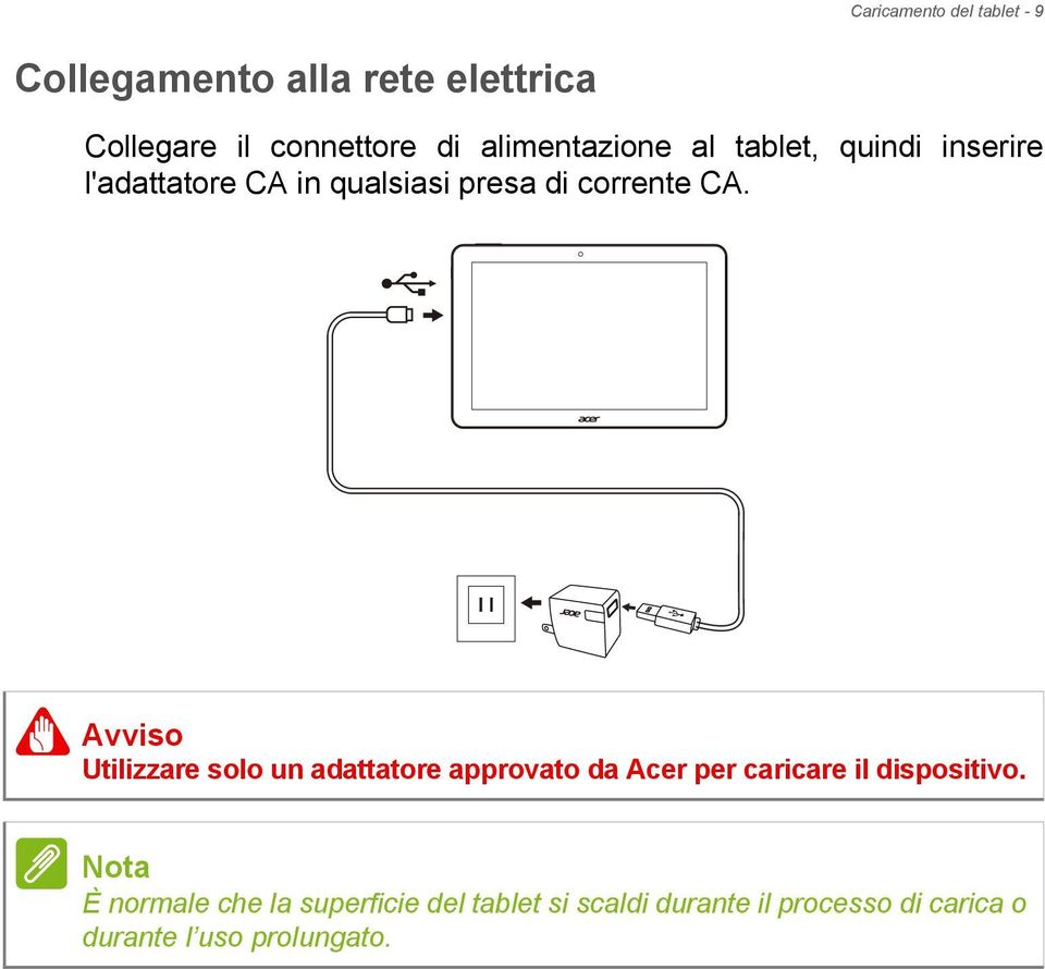 Avviso Utilizzare solo un adattatore approvato da Acer per caricare il dispositivo.