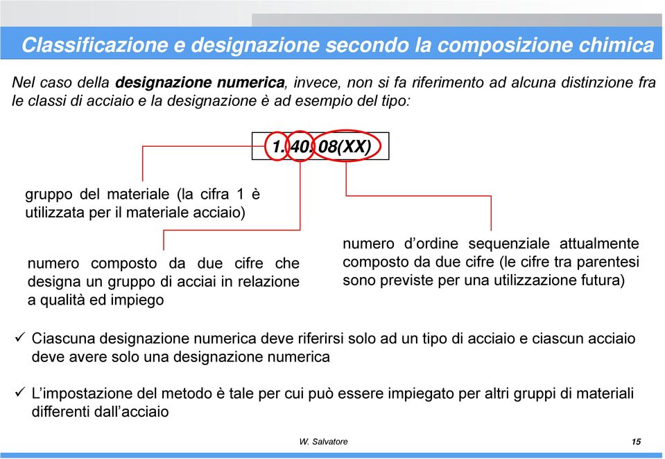 08(XX) gruppo del materiale (la cifra 1 è utilizzata per il materiale acciaio) numero composto da due cifre che designa un gruppo di acciai in relazione a qualità ed impiego numero d ordine