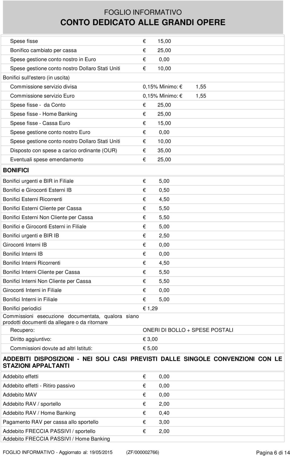 nostro Euro 0,00 Spese gestione conto nostro Dollaro Stati Uniti 10,00 Disposto con spese a carico ordinante (OUR) 35,00 Eventuali spese emendamento 25,00 BONIFICI Bonifici urgenti e BIR in Filiale