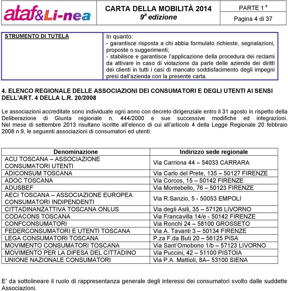 carta. 4. ELENCO REGIONALE DELLE ASSOCIAZIONI DEI CONSUMATORI E DEGLI UTENTI AI SENSI DELL ART. 4 DELLA L.R. 20/2008 Le associazioni accreditate sono individuate ogni anno con decreto dirigenziale entro il 31 agosto in rispetto della Deliberazione di Giunta regionale n.