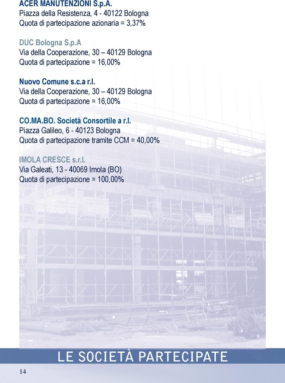 r.l. Via Galeati, 13-40069 Imola (BO) Quota di partecipazione = 100,00% 14 le società partecipate