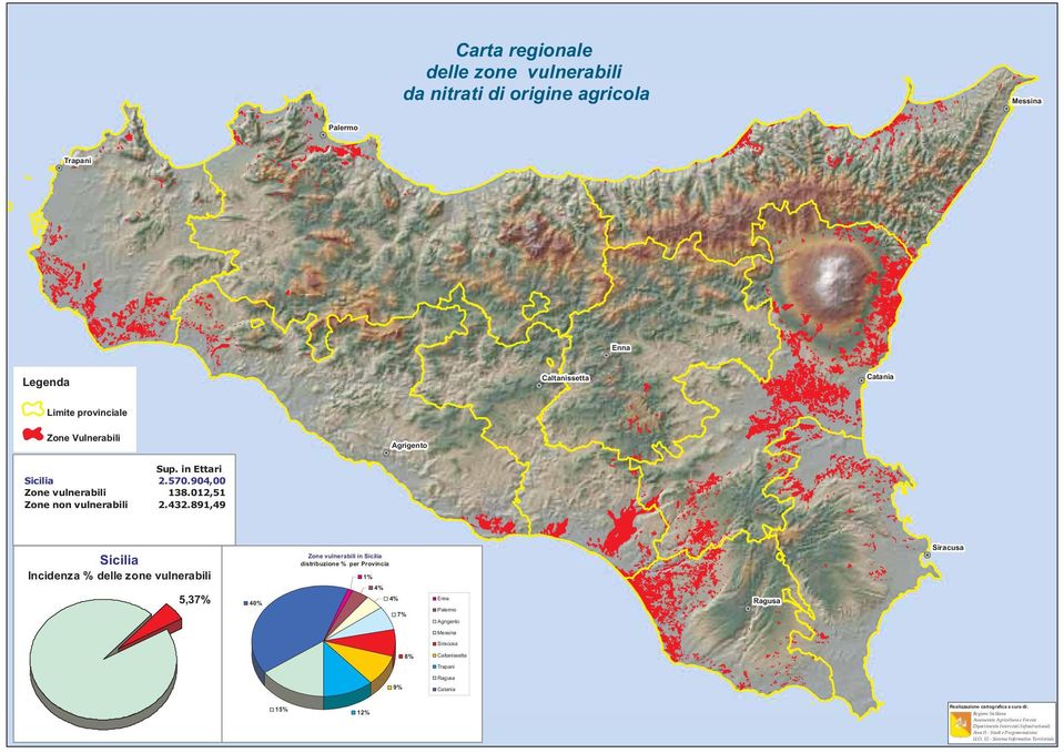 891,49 Sicilia Incidenza % delle zone vulnerabili Zone vulnerabili in Sicilia distribuzione % per Provincia 1% Siracusa 4% 5,37% 40% 4% Enna Ragusa 7% Palermo Agrigento Messina