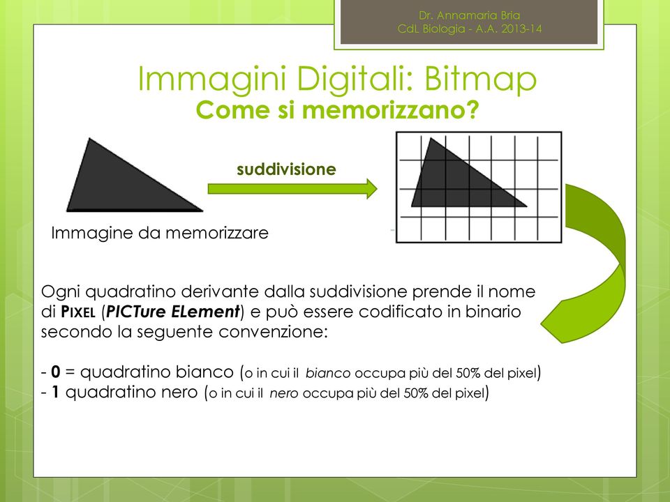 nome di PIXEL (PICTure ELement) e può essere codificato in binario secondo la seguente