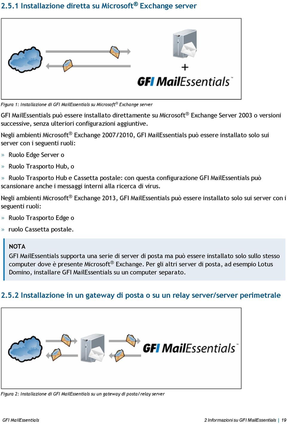 Negli ambienti Microsoft Exchange 2007/2010, GFI MailEssentials può essere installato solo sui server con i seguenti ruoli: Ruolo Edge Server o Ruolo Trasporto Hub, o Ruolo Trasporto Hub e Cassetta