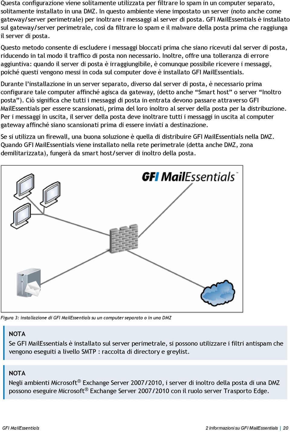 GFI MailEssentials è installato sul gateway/server perimetrale, così da filtrare lo spam e il malware della posta prima che raggiunga il server di posta.