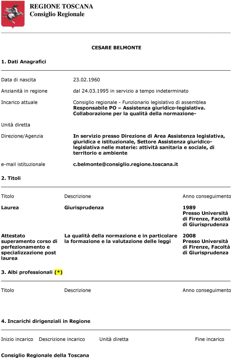 Collaborazione per la qualità della normazione- Unità diretta Direzione/Agenzia e-mail istituzionale In servizio presso Direzione di Area Assistenza legislativa, giuridica e istituzionale, Settore