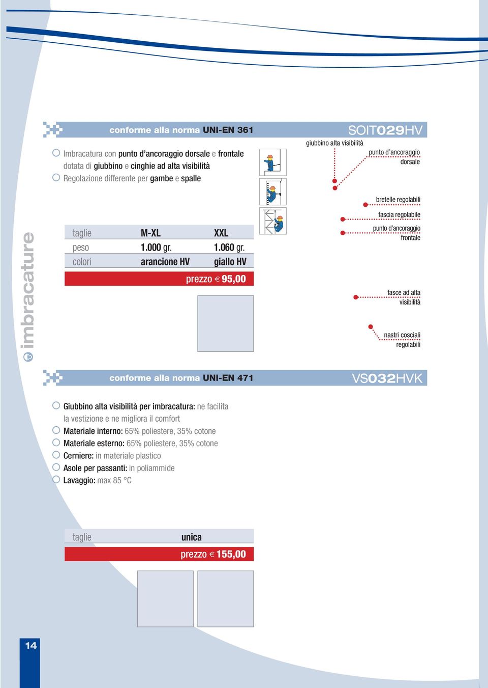 colori arancione HV giallo HV prezzo 95,00 punto d ancoraggio frontale fasce ad alta visibilità nastri cosciali regolabili conforme alla norma UNI-EN 471 VS032HVK Giubbino alta visibilità per