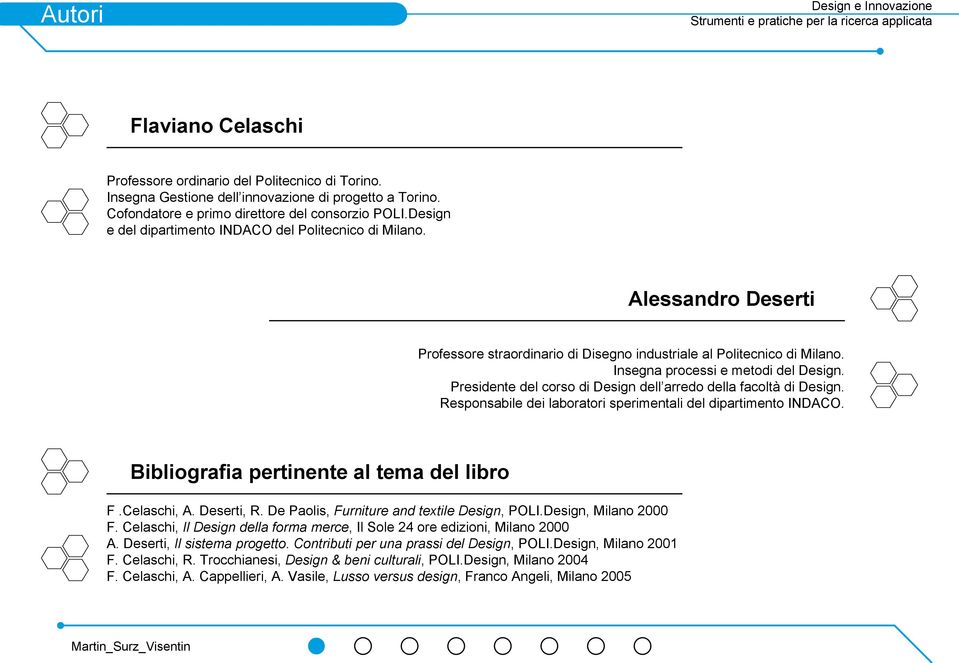 Presidente del corso di Design dell arredo della facoltà di Design. Responsabile dei laboratori sperimentali del dipartimento INDACO. Bibliografia pertinente al tema del libro F.Celaschi, A.