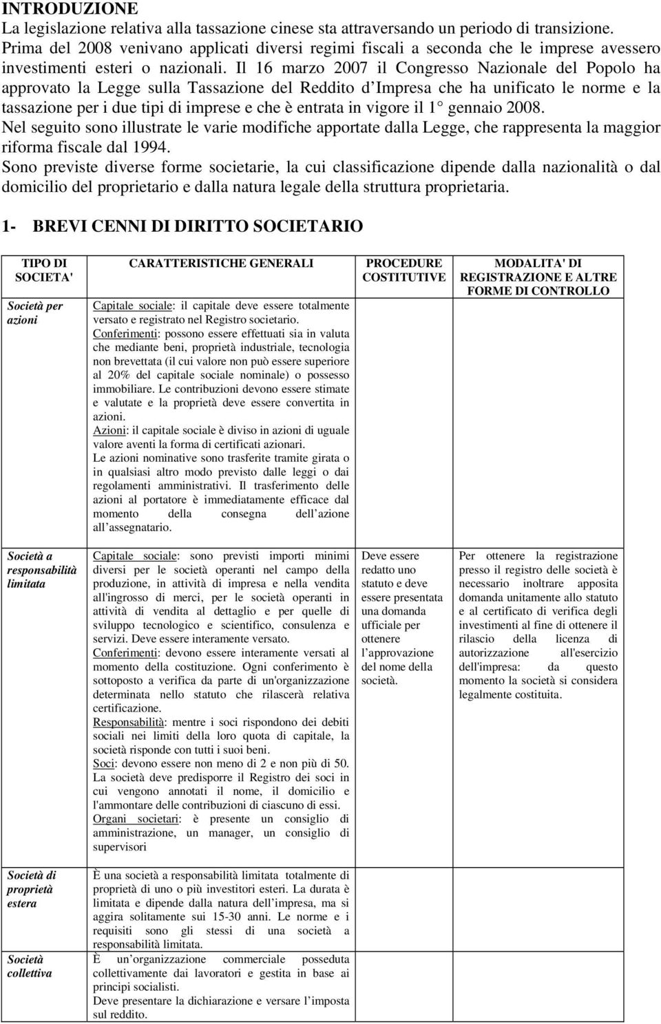 Il 16 marzo 2007 il Congresso Nazionale del Popolo ha approvato la Legge sulla Tassazione del Reddito d Impresa che ha unificato le norme e la tassazione per i due tipi di imprese e che è entrata in