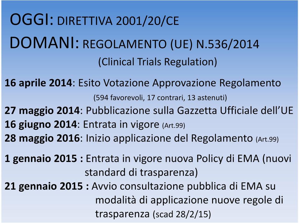 maggio 2014: Pubblicazione sulla Gazzetta Ufficiale dell UE 16 giugno 2014: Entrata in vigore (Art.