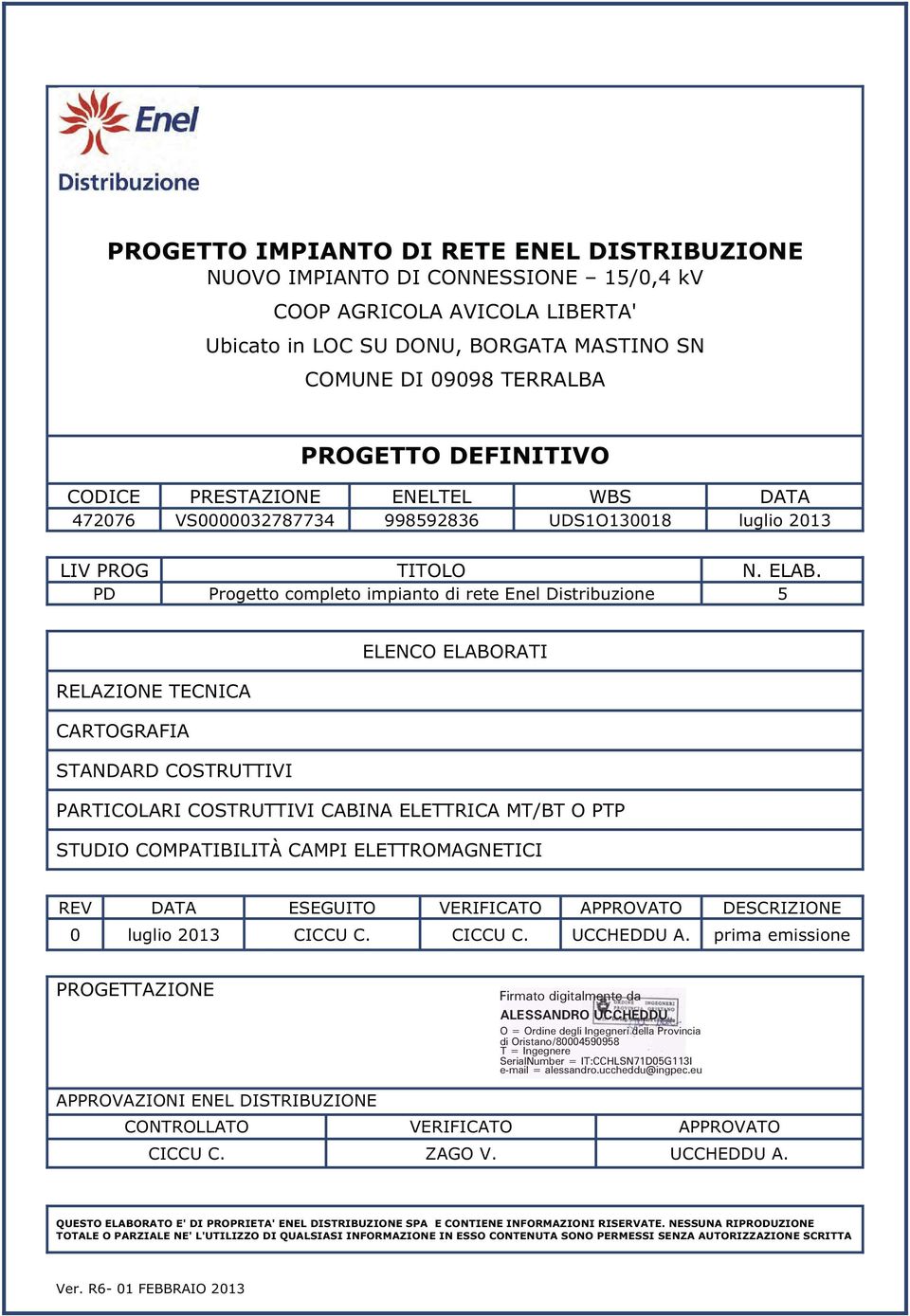 PD Progetto completo impianto di rete Enel Distribuzione 5 ELENCO ELABORATI RELAZIONE TECNICA CARTOGRAFIA STANDARD COSTRUTTIVI PARTICOLARI COSTRUTTIVI CABINA ELETTRICA MT/BT O PTP STUDIO