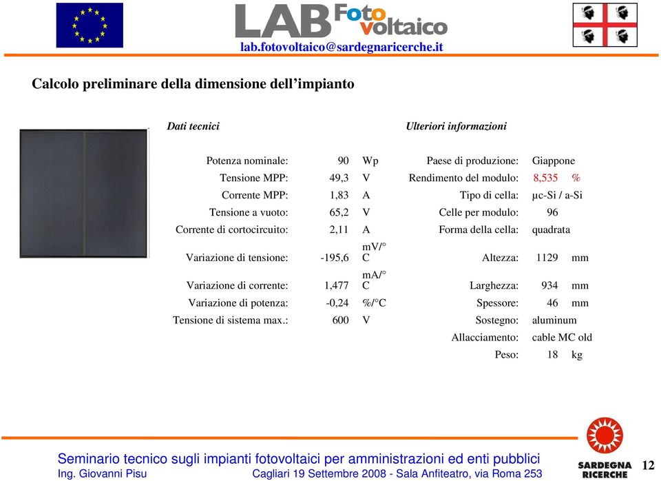 cortocircuito: 2,11 A Forma della cella: quadrata Variazione di tensione: -195,6 mv/ C Altezza: 1129 mm Variazione di corrente: 1,477 ma/ C Larghezza: