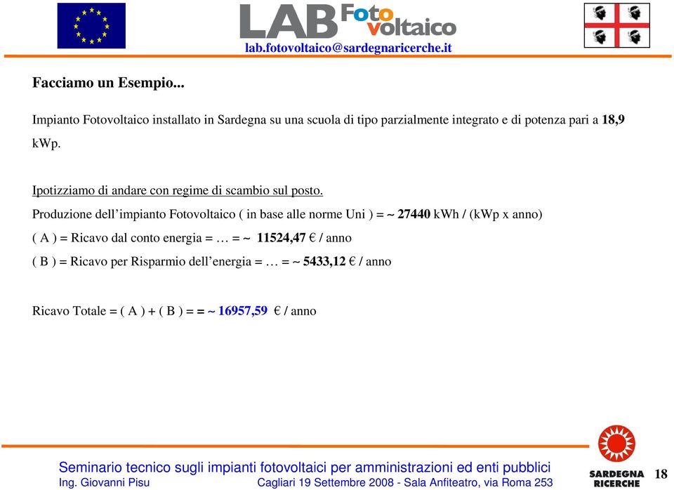 18,9 kwp. Ipotizziamo di andare con regime di scambio sul posto.