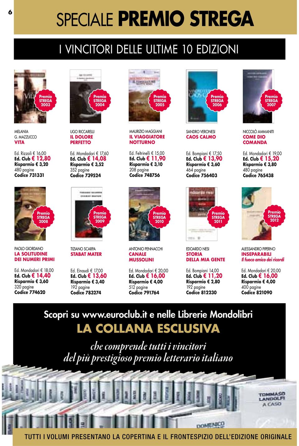 Club 12,80 Risparmio 3,20 480 pagine Codice 731331 Ed. Mondadori 17,60 Ed. Club 14,08 Risparmio 3,52 352 pagine Codice 739524 Ed. Feltrinelli 15,00 Ed.