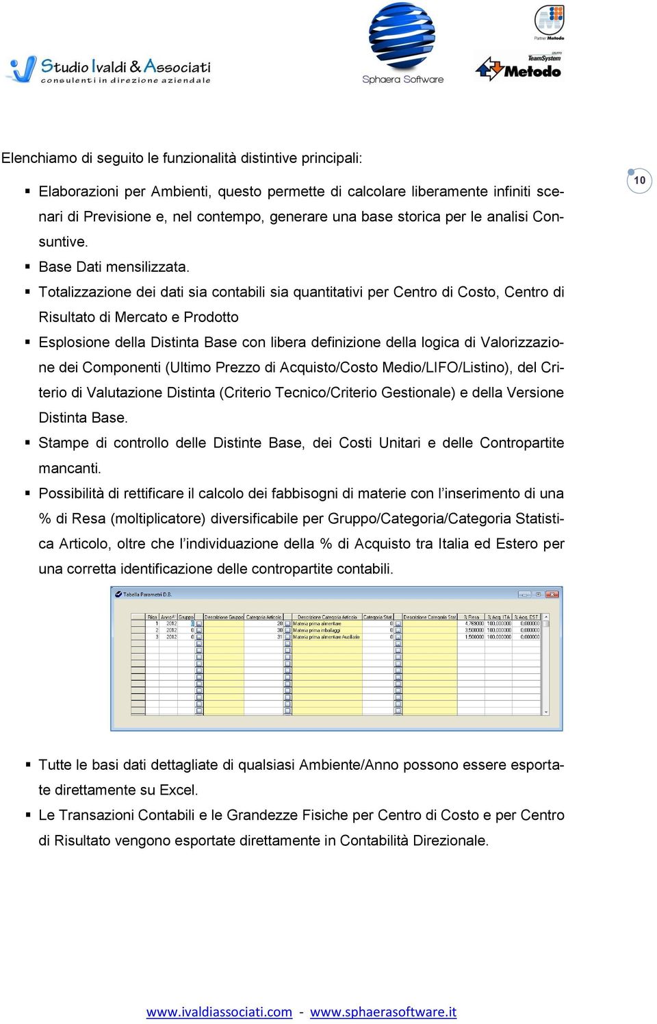 Totalizzazione dei dati sia contabili sia quantitativi per Centro di Costo, Centro di Risultato di Mercato e Prodotto Esplosione della Distinta Base con libera definizione della logica di