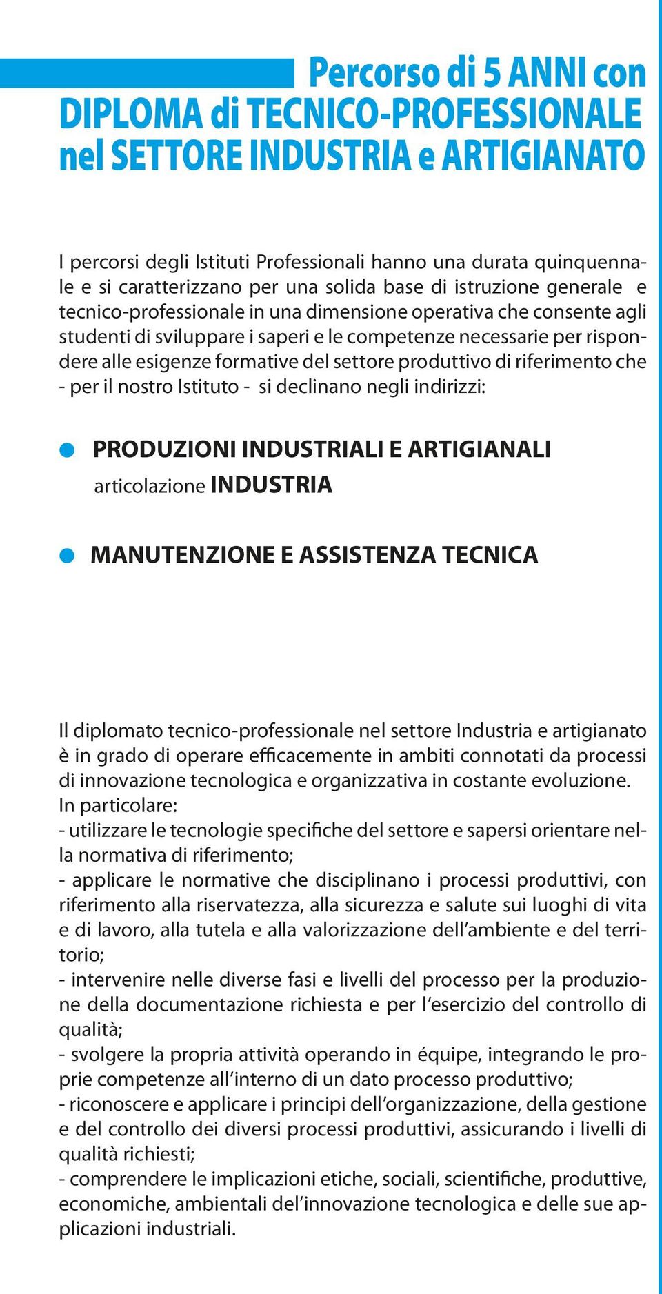 settore produttivo di riferimento che - per il nostro Istituto - si declinano negli indirizzi: PRODUZIONI INDUSTRIALI E ARTIGIANALI articolazione INDUSTRIA MANUTENZIONE E ASSISTENZA TECNICA Il