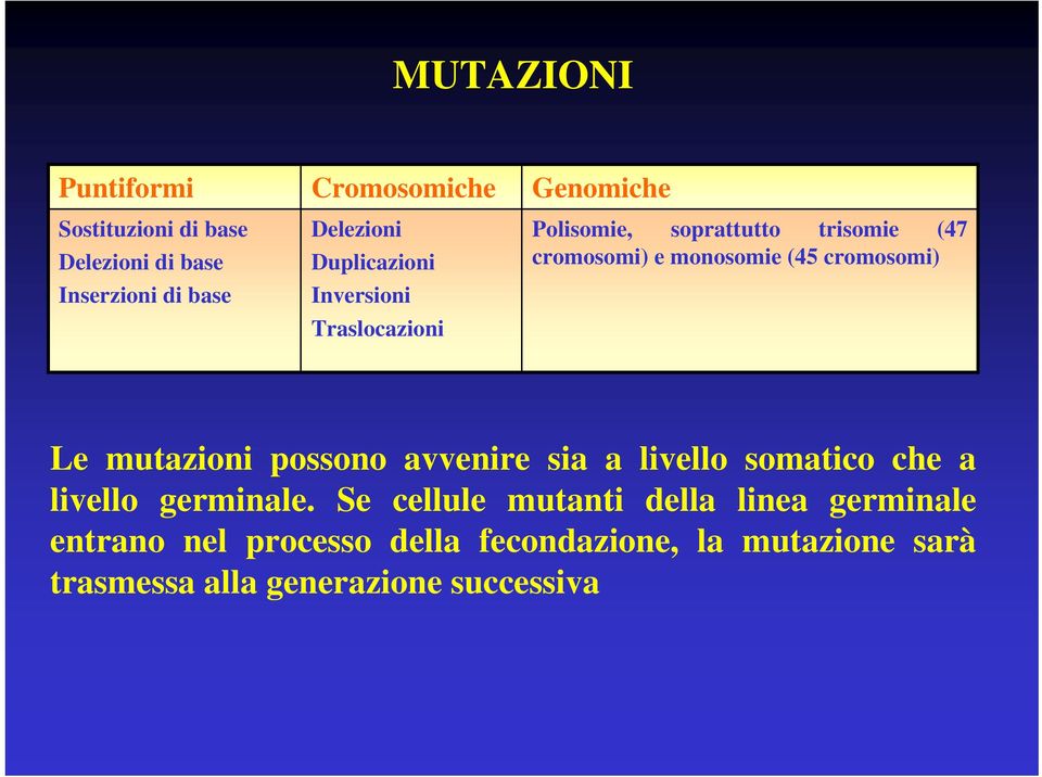 (45 cromosomi) Le mutazioni possono avvenire sia a livello somatico che a livello germinale.