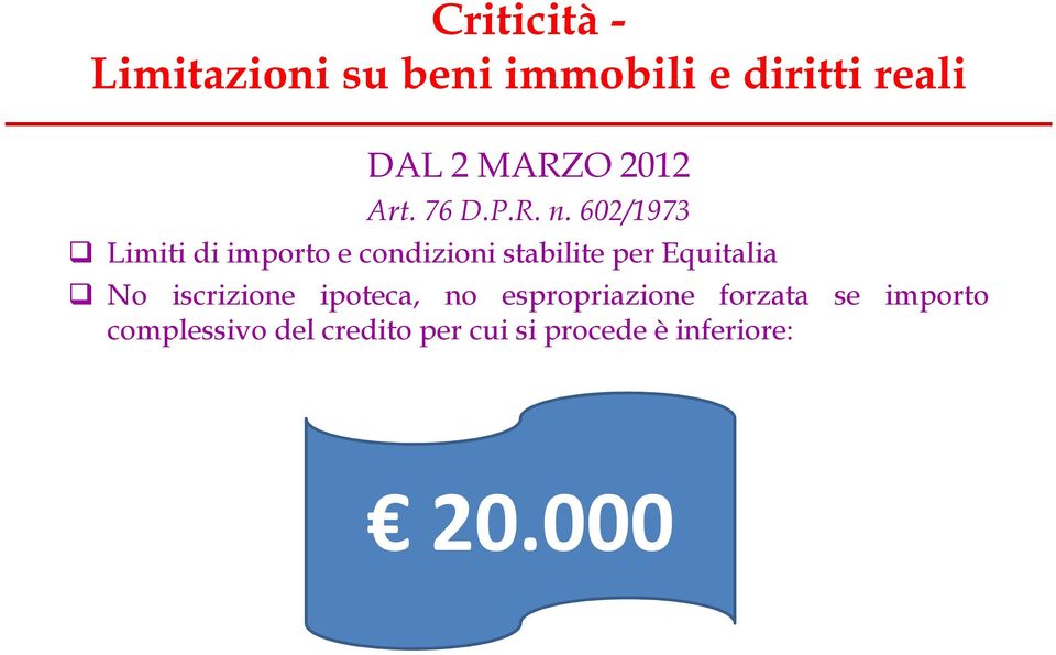 602/1973 Limiti di importo e condizioni stabilite per Equitalia No