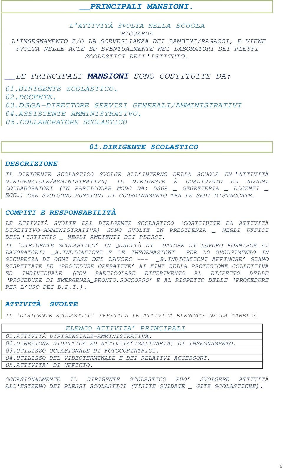 LE PRINCIPALI MANSIONI SONO COSTITUITE DA: 01.DIRIGENTE SCOLASTICO. 02.DOCENTE. 03.DSGA-DIRETTORE SERVIZI GENERALI/AMMINISTRATIVI 04.ASSISTENTE AMMINISTRATIVO. 05.