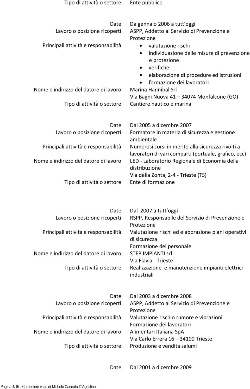 ambientale Numerosi corsi in merito alla sicurezza rivolti a lavoratori di vari comparti (portuale, grafico, ecc) LED - Laboratorio Regionale di Economia della distribuzione Via della Zonta, 2-4 -