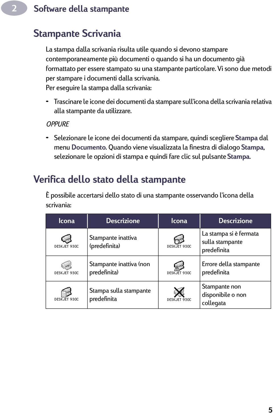 Per eseguire la stampa dalla scrivania: Trascinare le icone dei documenti da stampare sull'icona della scrivania relativa alla stampante da utilizzare.