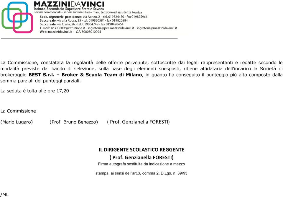 La seduta è tolta alle ore 17,20 La Commissione (Mario Lugaro) (Prof. Bruno Benazzo) ( Prof. Genzianella FORESTI) IL DIRIGENTE SCOLASTICO REGGENTE ( Prof.