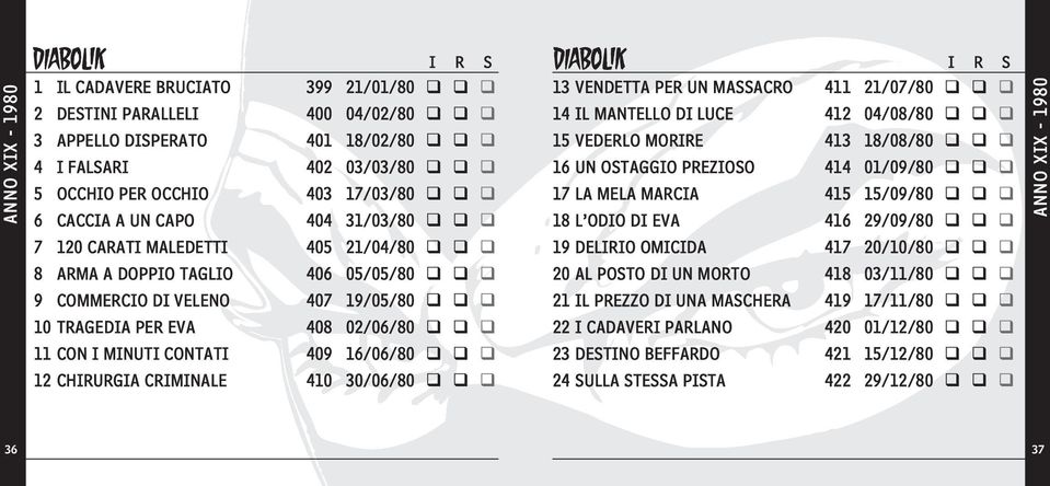 EVA 416 29/09/80 ANNO XIX - 1980 7 120 CARATI MALEDETTI 405 21/04/80 19 DELIRIO OMICIDA 417 20/10/80 8 ARMA A DOPPIO TAGLIO 406 05/05/80 20 AL POSTO DI UN MORTO 418 03/11/80 9 COMMERCIO DI VELENO 407