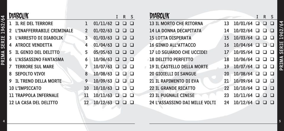 LO SGUARDO CHE UCCIDE! 17 10/05/64 18 DELITTO PERFETTO 18 10/06/64 19 IL CASTELLO DELLA MORTE 19 10/07/64 PRIMA SERIE 1962/64 8 SEPOLTO VIVO!