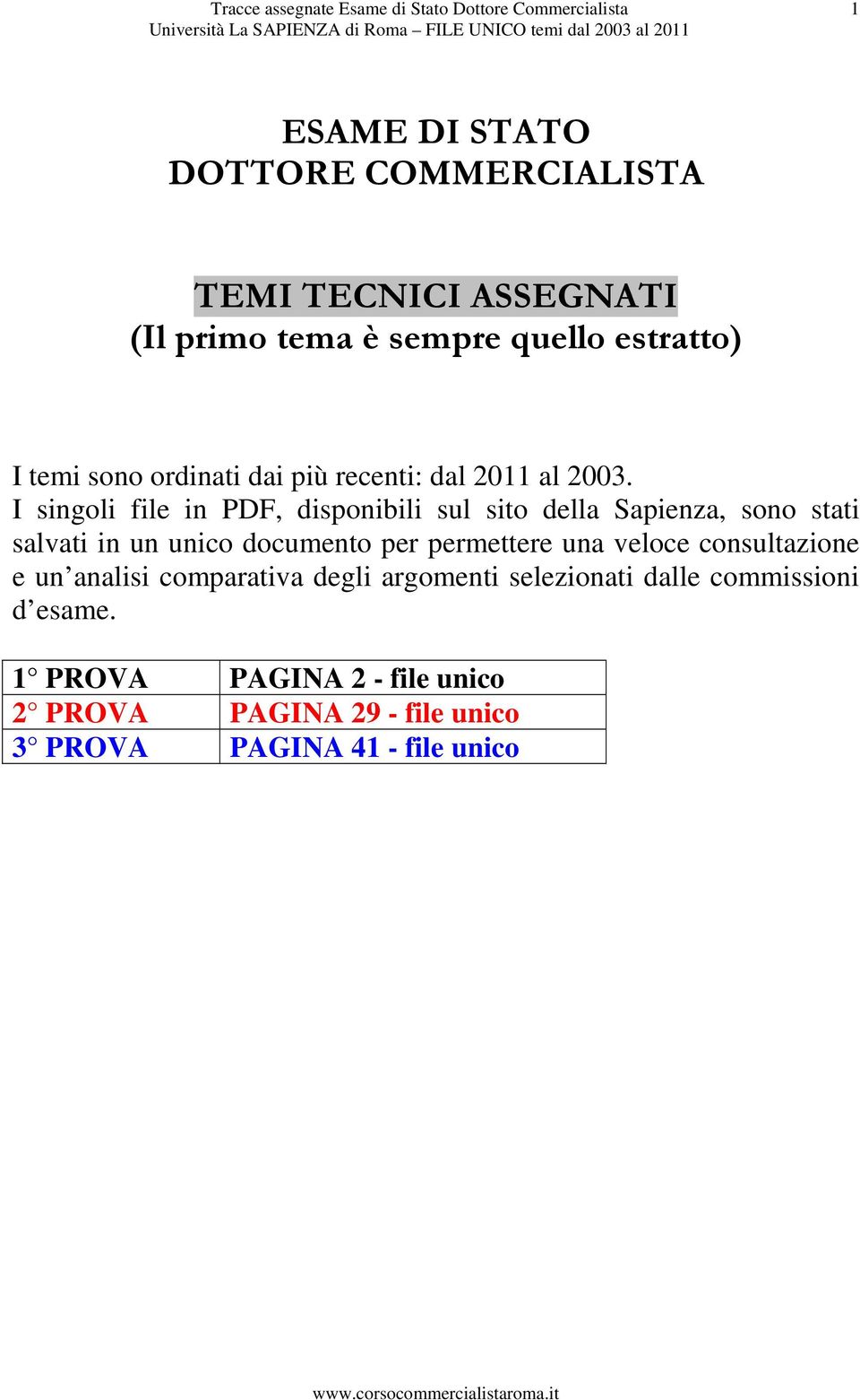 I singoli file in PDF, disponibili sul sito della Sapienza, sono stati salvati in un unico documento per permettere