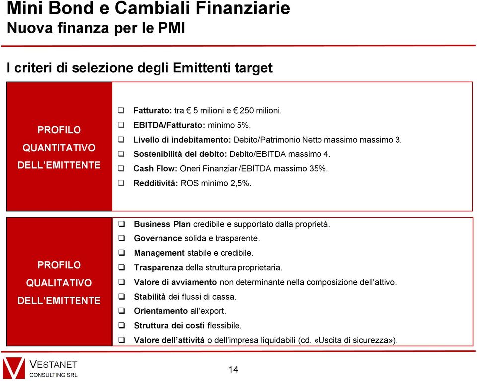 Redditività: ROS minimo 2,5%. PROFILO QUALITATIVO DELL EMITTENTE Business Plan credibile e supportato dalla proprietà. Governance solida e trasparente. Management stabile e credibile.