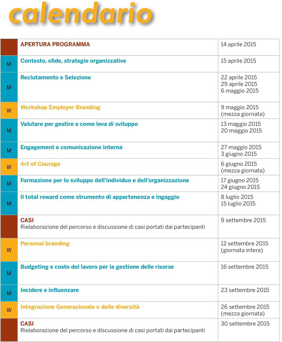 (mezza giornata) Formazione per lo sviluppo dell individuo e dell organizzazione 17 giugno 2015 24 giugno 2015 Il total reward come strumento di appartenenza e ingaggio 8 luglio 2015 15 luglio 2015