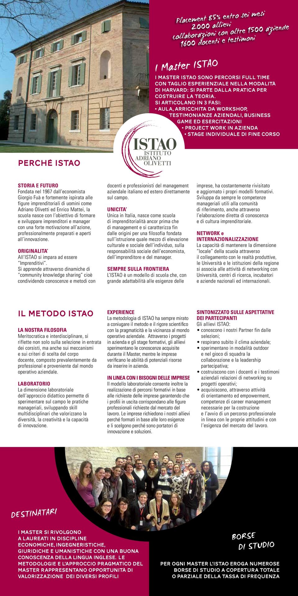 Si articolano in 3 fasi: aula, arricchita da workshop, testimonianze aziendali, business game ed esercitazioni project work in azienda stage individuale di fine corso Perché ISTAO STORIA E FUTURO