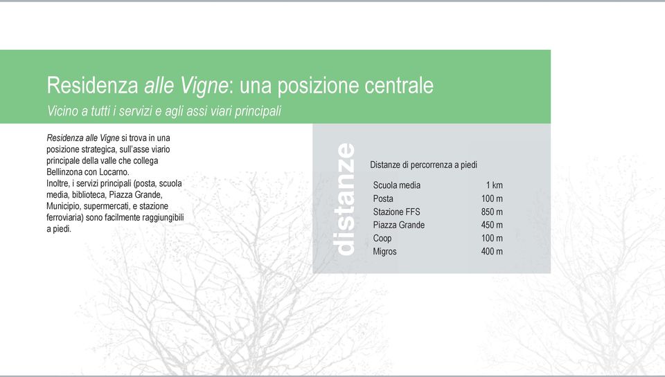 Inoltre, i servizi principali (posta, scuola media, biblioteca, Piazza Grande, Municipio, supermercati, e stazione ferroviaria) sono