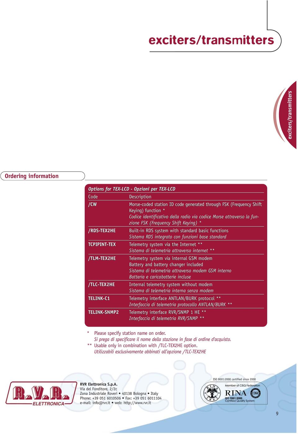 integrato con funzioni base standard TCPIPINT-TEX Telemetry system via the Internet ** Sistema di telemetria attraverso internet ** /TLM-TEX2HE Telemetry system via internal GSM modem Battery and