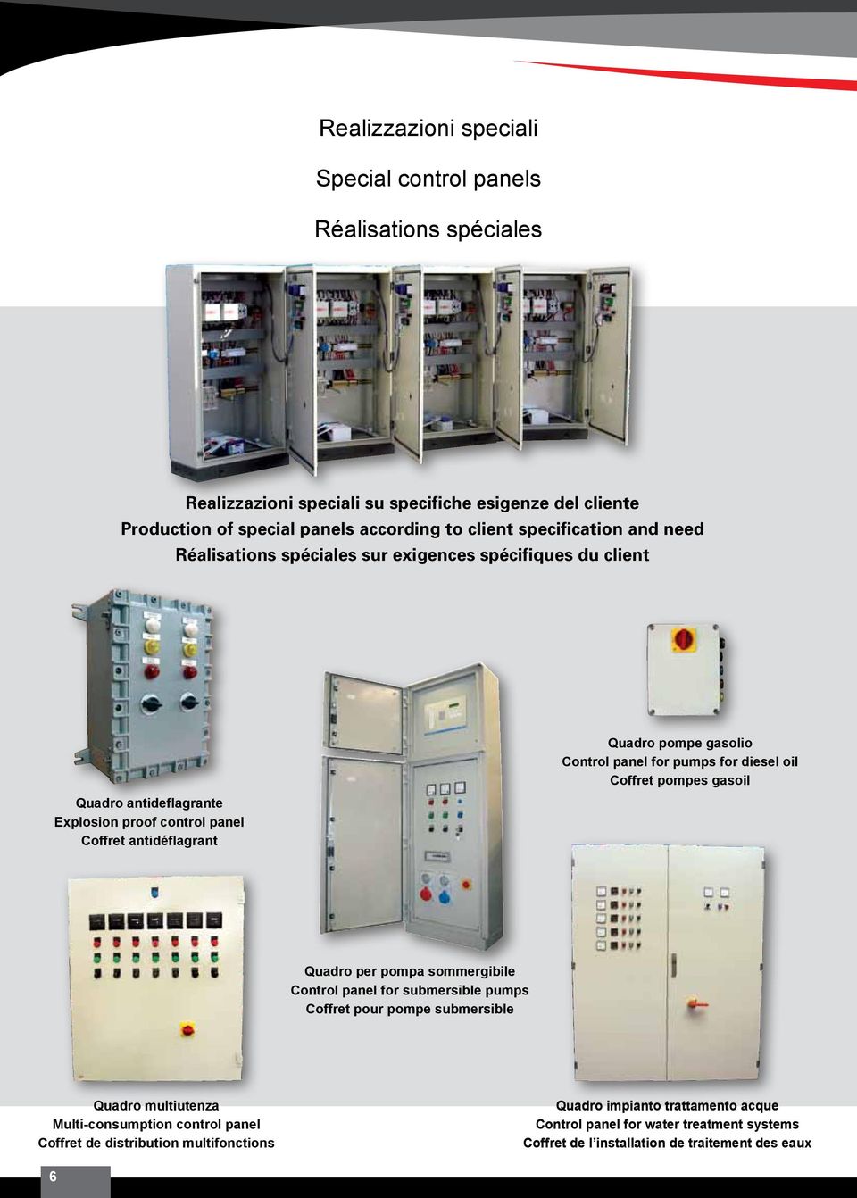 Control panel for pumps for diesel oil Coffret pompes gasoil Quadro per pompa sommergibile Control panel for submersible pumps Coffret pour pompe submersible Quadro multiutenza